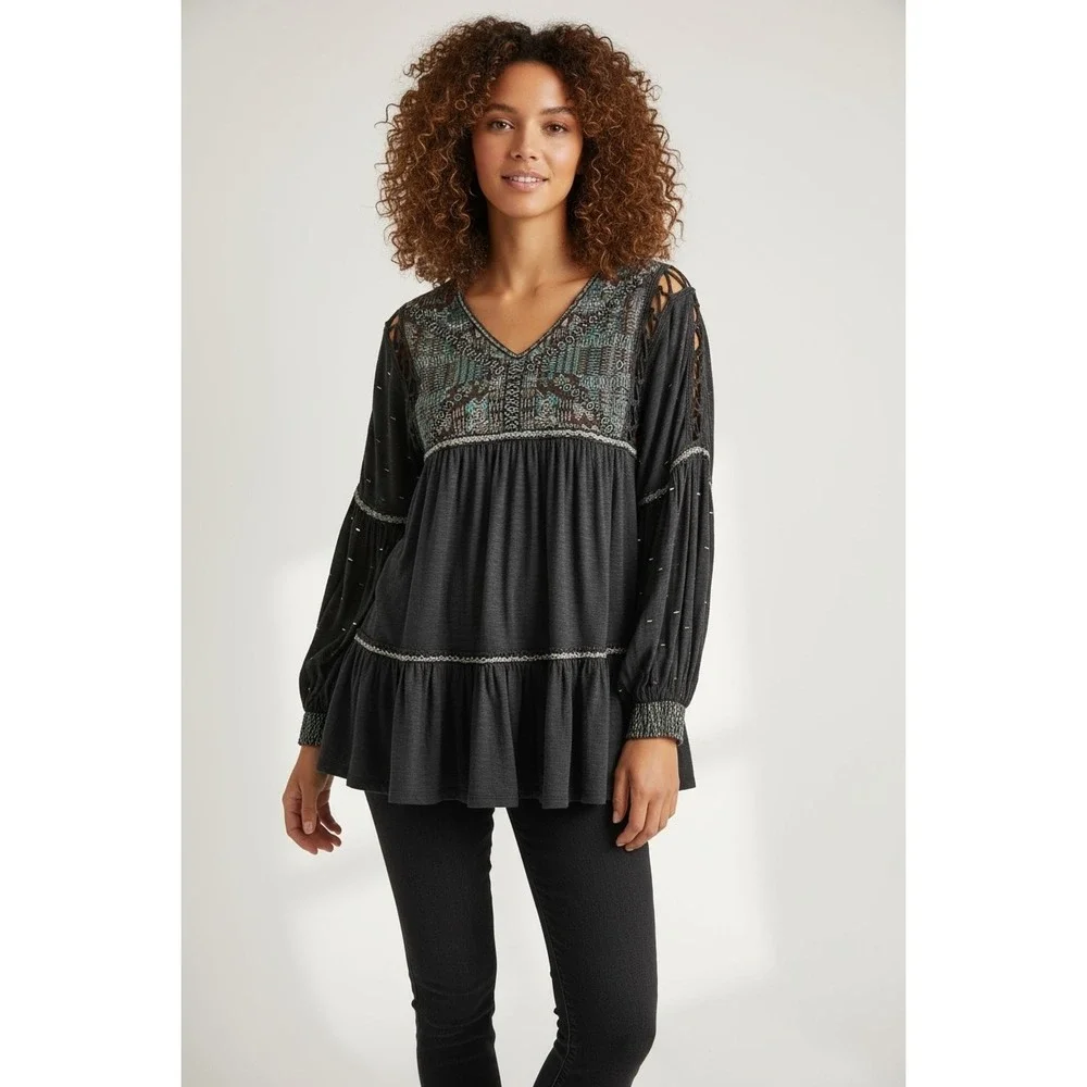 $148 Free People Much Love Tunic / Mini Dress Embroidered Cutout Back Black Sz S